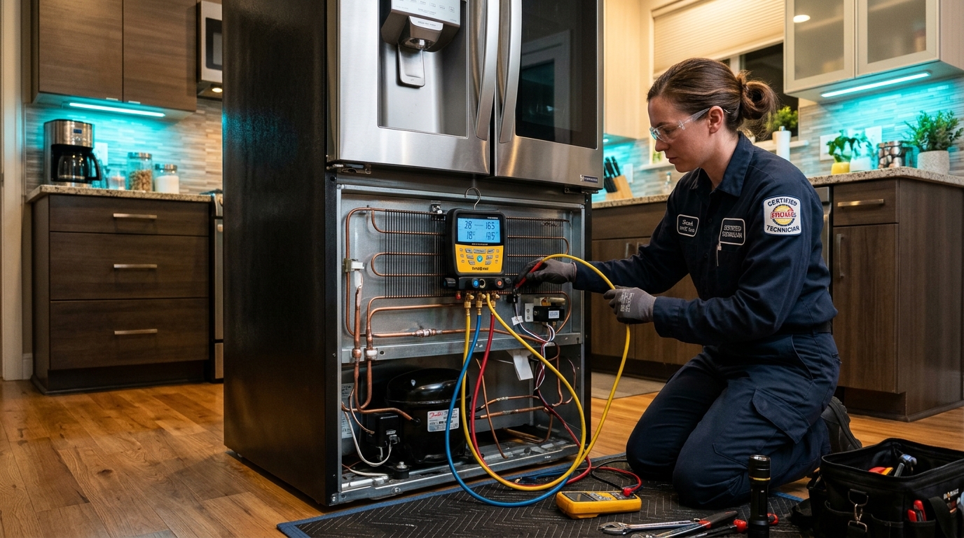 Technician testing refrigerator compressor with manifold gauge