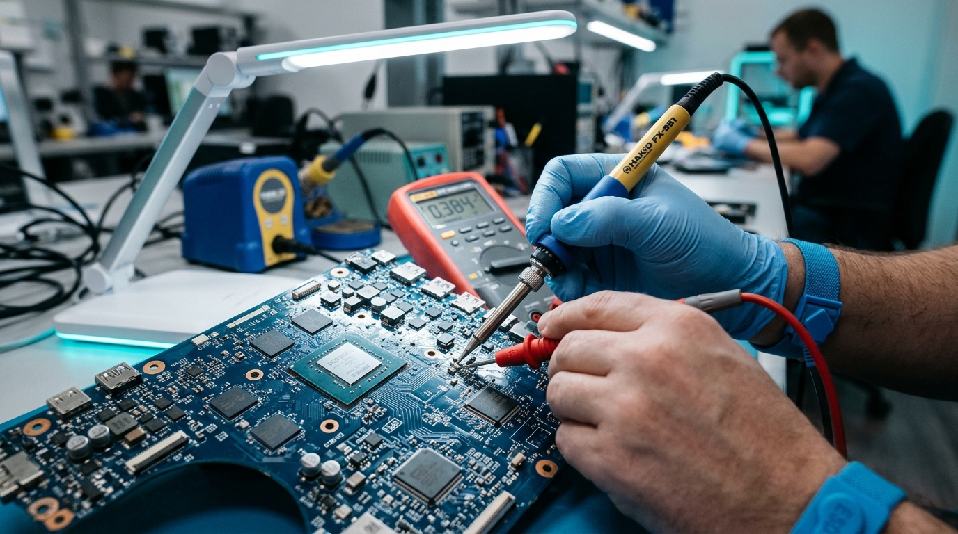 Electronics technician repairing laptop motherboard with multimeter probe
