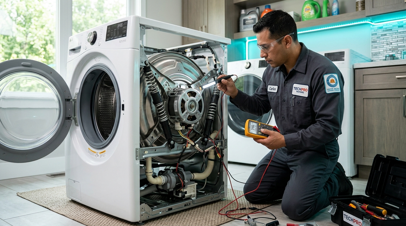 Technician servicing front load washing machine with tools
